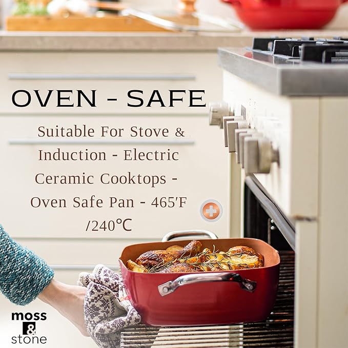 Moss &amp Stone 5 Pcs Red Copper Chef Cookware Non Stick Deep Frying Pan Fry Basket Steamer Rack Dishwasher &amp Oven Safe 5 Qt Deep Square Pan Induction Copper Cookware Set - 9.5 x 3.5