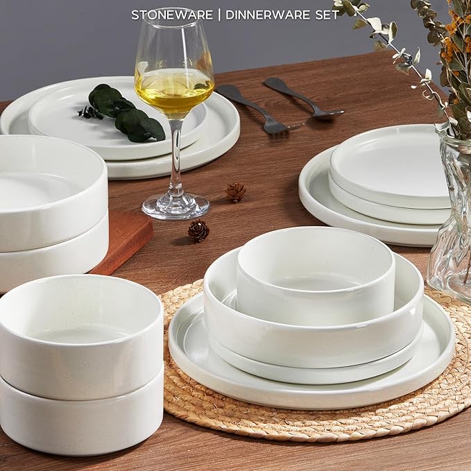 Stoneware Dinnerware Sets for 2 Onader Speckled Plates and Bowls 8 Pieces Ceramic Dish Dinner Set with Pasta Bowl Microwave &amp Dishwasher Safe - Cloud White
