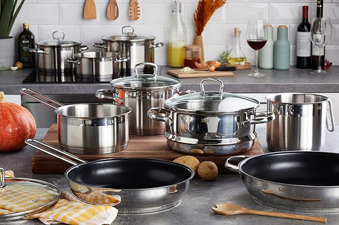 Silit Pot Set 10-Piece Toskana Pouring Rim Glass Lid Stainless Steel Suitable for Induction Hobs Dishwasher-Safe
