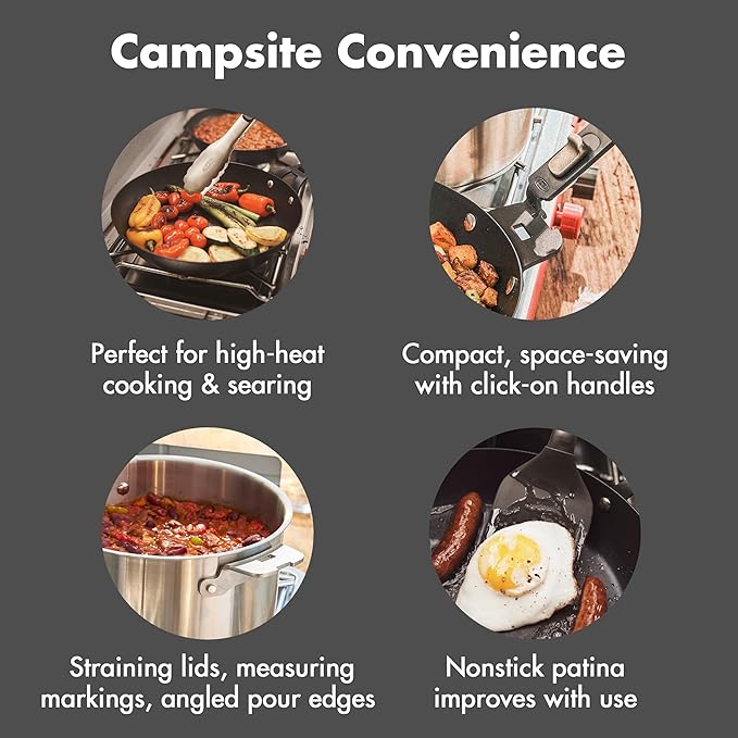 OXO Outdoor 8 Piece Camping Cookware Set 10 Pre-Seasoned Carbon Steel Frying Pan Skillet 2.25QT and 5QT Stainless Steel Saucepans with Lids Removeable Handle Trivet Travel Bag Space-Saving