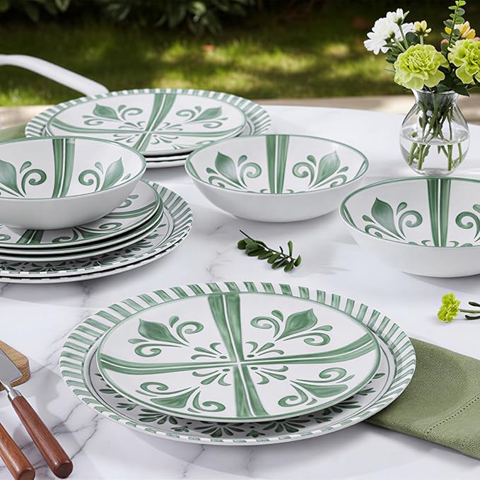 Melamine Dinnerware Sets Dinnerware Sets for 4 12Pcs Plates and Bowls Sets Green Floral Embossed Design Dish Set for Indoor and Outdoor Use