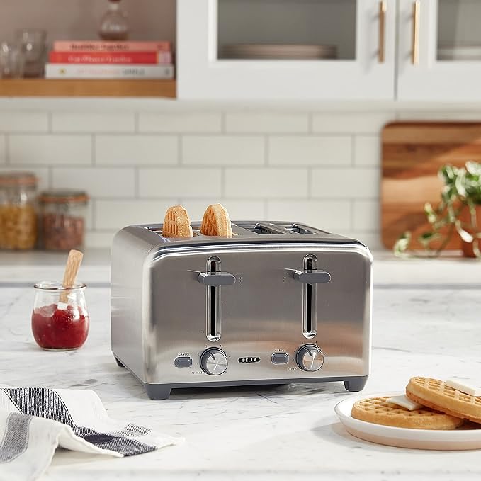 bella 4 Slice Toaster with Auto Shut Off Extra Wide Slots and Removable Drop-Down Crumb Tray with Cancel and Reheat Function For Texas Toast Large Bread &amp Bagel Stainless Steel