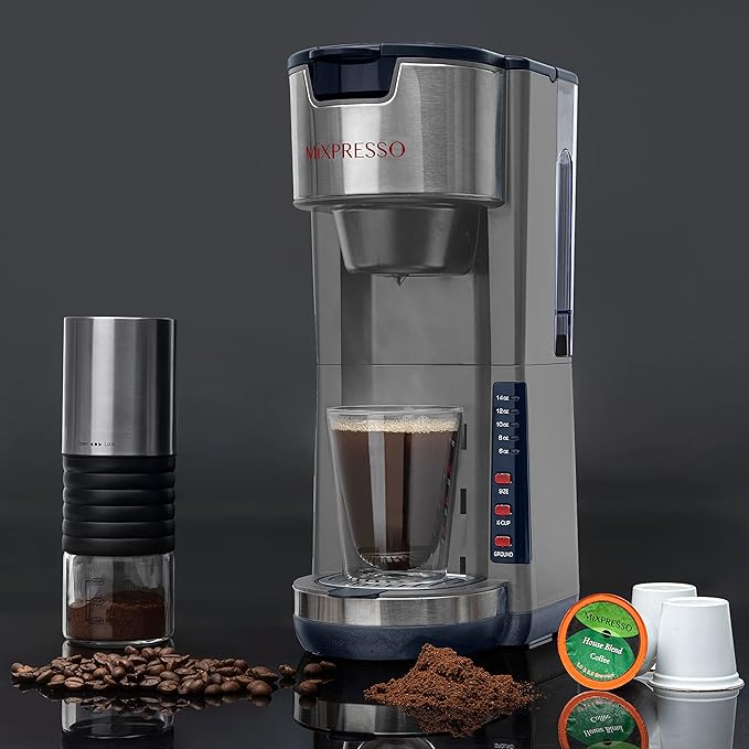 Mixpresso Gray Single Serve Coffee Brewer K-Cup Pods Compatible &amp Ground 30 oz Compact Coffee Maker Single Serve With 5 Brew Sizes Up To 14 Oz Fits Travel Mug Adjustable Drip Tray