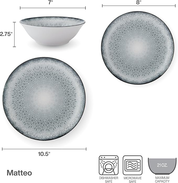 Mikasa Matteo 12 Piece Dinnerware Plate Bowl Set Servie for 4 Gray