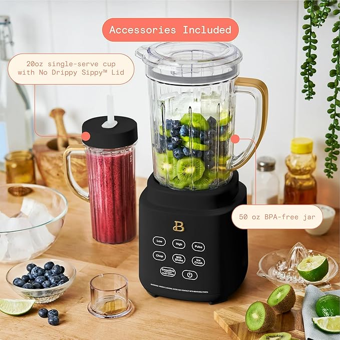 B PowerExact High-Performance 700-Watt Blender by Drew Barrymore 50-Ounce Pitcher Stainless 4-Tip Blade 3 Speeds + 4 Presets Dishwasher-Safe Parts Travel Cup Included (Black Sesame)