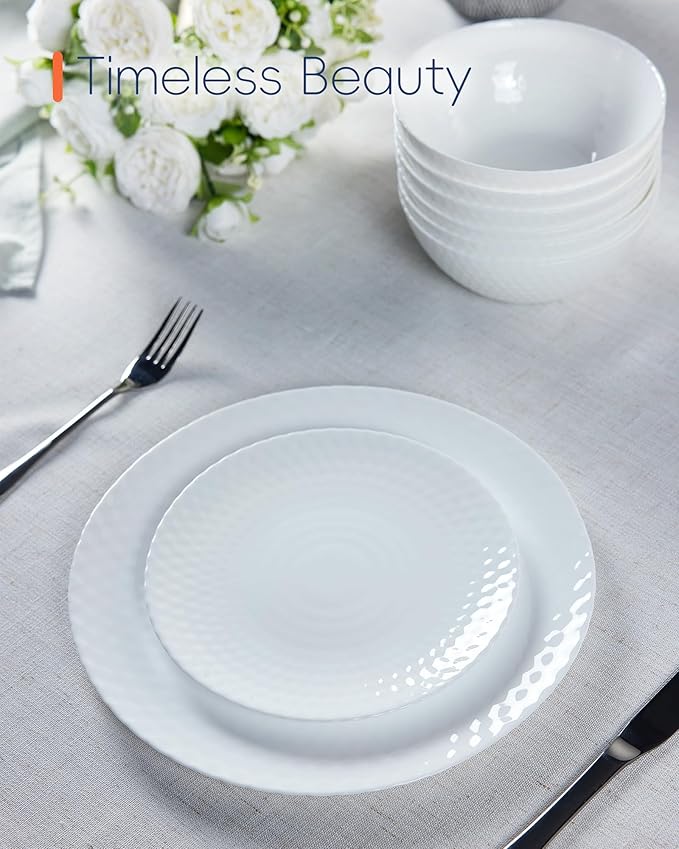 Dinnerware Sets Light &amp Durable 18 Pieces Opal Glass Plates and Bowls Set Dishwasher and Microwave Safe Dish Dinning Ware Thin but Strong Geometric Faceted White
