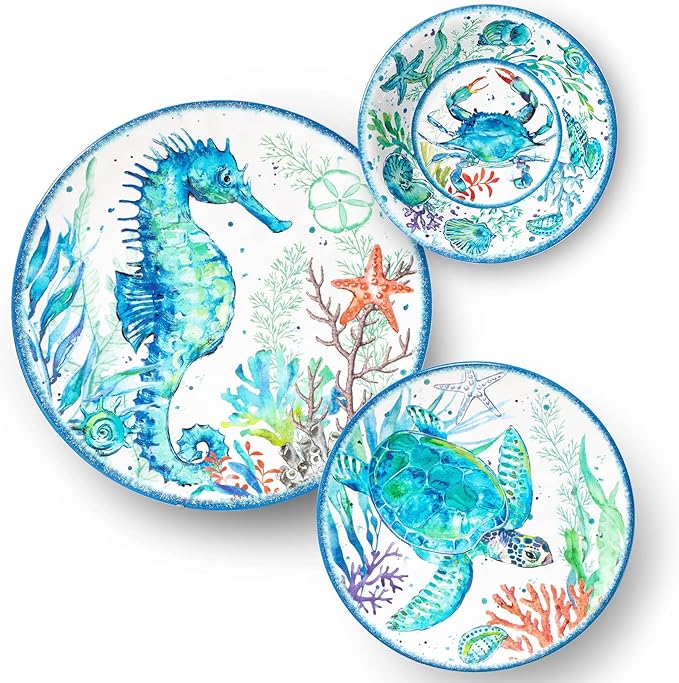 LEHAHA 12-Piece Melamine Beach Dinnerware Set Coastal Plates and Bowls Sets Oceanic Sea Life Dish Sets for 4 Great for Indoor Outdoor Dining on the Beach RV Camping or Cabin