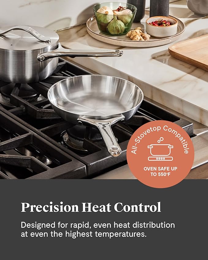 Caraway Stainless Steel Mini Duo - 5-Ply Stainless Steel Fry Pan (8 In) &amp Sauce Pan (1.75 Qt) - Oven Safe &amp Stovetop Agnostic - Non Toxic PTFE &amp PFOA Free