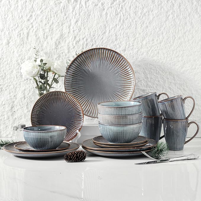 HVH Stoneware Dinnerware Sets 16 Pieces Plates and Bowls Sets Kitchen Dishes Set for 4 Dinner Dessert Plates Cereal Bowls and mugs for Party and Dinner Farmhouse Style (Wabi sabi)