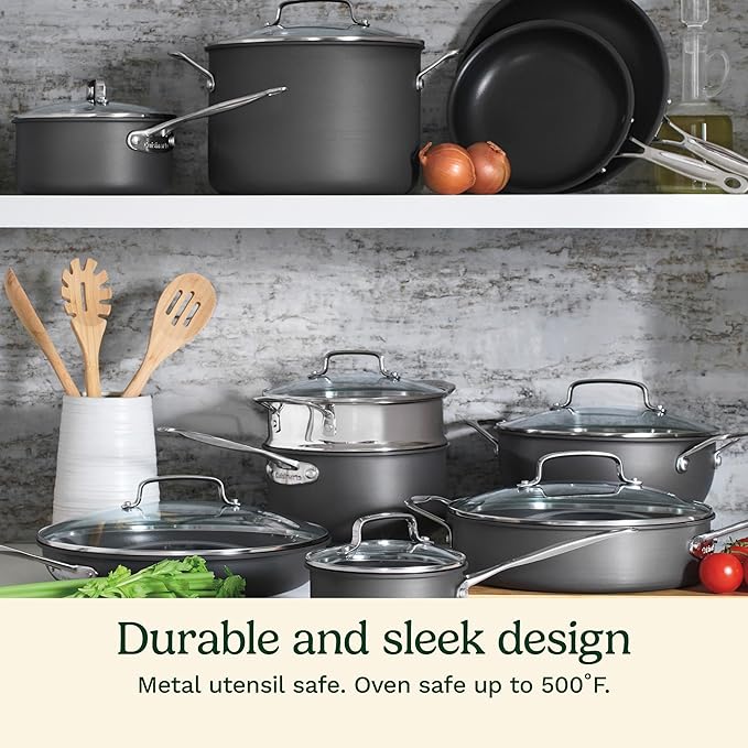 Cuisinart 17-Piece Pots and Pans Set Non Stick Hard Anodized Cookware Set Compatible with Electric Gas Cooktops Dishwasher Safe Oven Safe Pot Set Cool Grip Handles Aluminum Core for Even Heat
