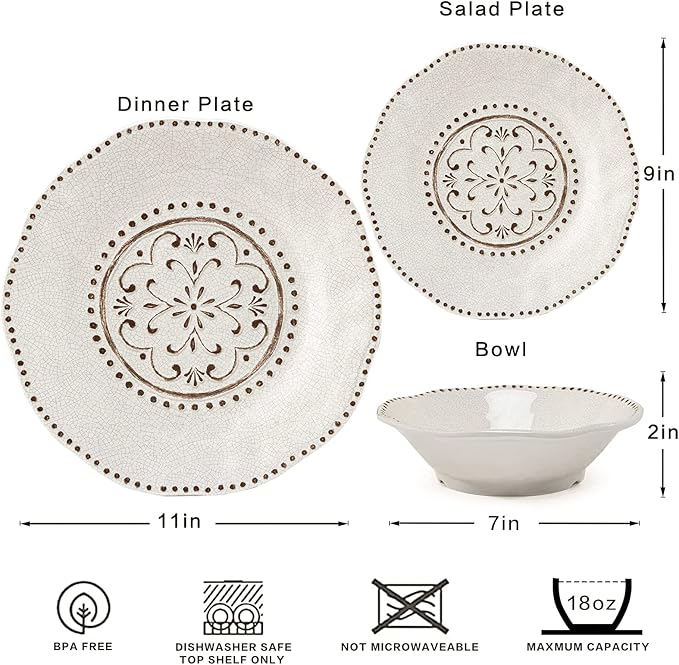 LEHAHA Beaded Crackle 12 Piece Melamine Camping Dinnerware Set Plates and Bowls Sets Indoor and Outdoor Use Break-Resistant Rustic RV Dishes Set Service for 4(Ivory)…