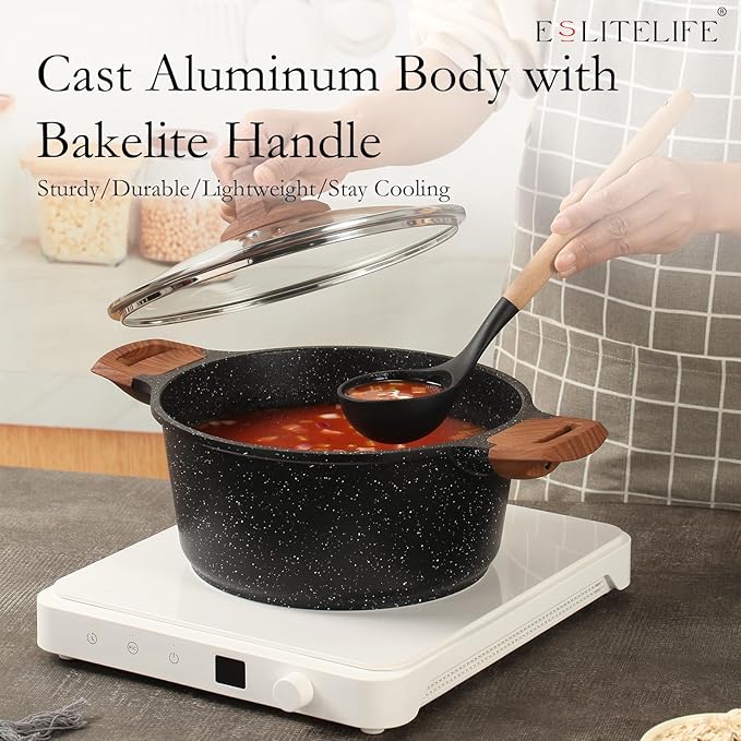 ESLITE LIFE Nonstick Cookware Sets 12 Pcs Granite Coating Pots and Pans Set Kitchen Cooking Set Compatible with All Stovetops (Gas Electric &amp Induction) PFOA Free Black