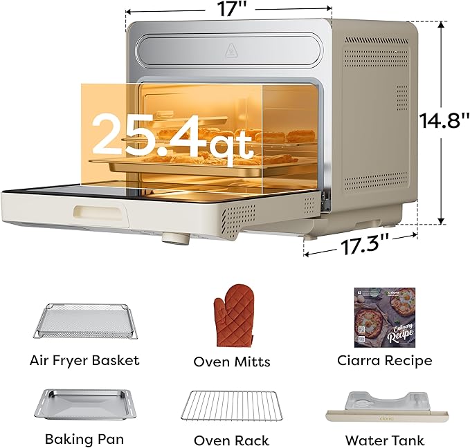 CIARRA 12-in-1 Countertop Steam Oven with Air Fryer 25.4QT Steam Air Fryer Combo Nosh Oven Pro - Convection Toaster Bake Self-Clean Dehydrate Ferment White