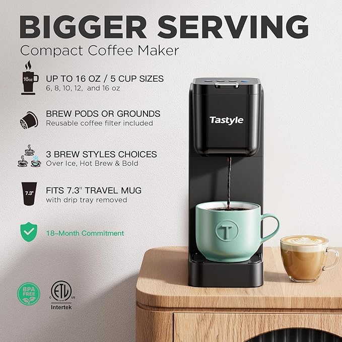 Single Serve Coffee Maker Hot and Iced with Bold Brew Small Coffee Machine for K Cup and Ground Fits 7.3'' Travel Mug Brews up to 16 Oz 5 Cup Sizes for Office RV&amp Hotel Elegant Black