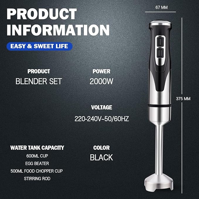 Powerful Hand Blender Handheld Immersion Blender Kit with Immersion Chopper Beaker and Whisk Precise Speed Control and 304 Stainless Steel Bar for Making Purees Soups Smoothies