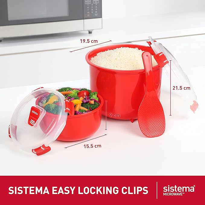 Sistema Microwave Rice Cooker and Steamer Bowl for Vegetables with Steam Release Vent Dishwasher Safe Red &amp Microwave Food Storage Containers with Steam Release Vent Dishwasher Safe Red