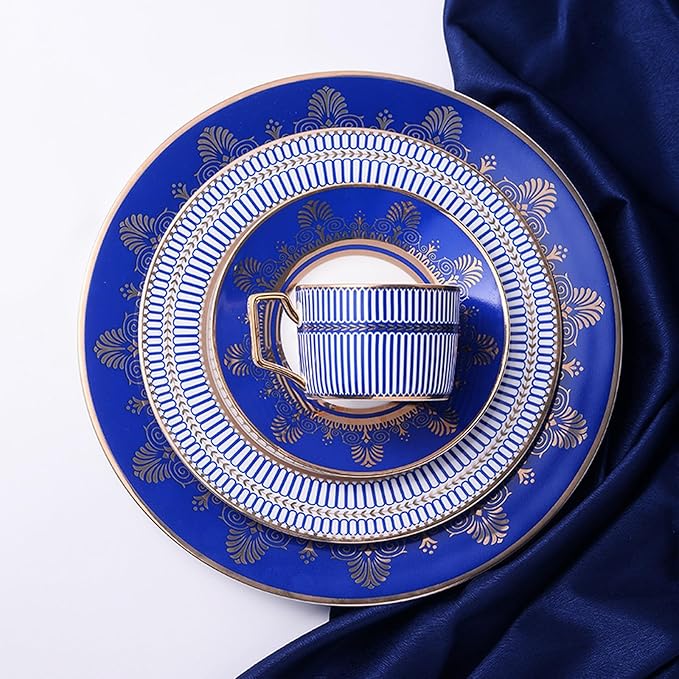 European Style Dinnerware Set Service for 6 Bone China Dinnerware Sets Unbreakable Porcelain Dinner Sets Coffee Cup and Saucer Tableware Set Steak Dinner Plates Dish Set Lan Yaojin-07