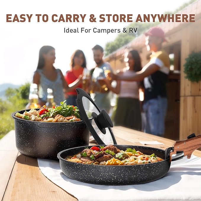 MAISON ARTS Detachable Handle Pots and Pans Set 10 Piece Nonstick Black Granite Cooking Pot Stackable Induction Cookware Sets Ideal for Camping and RVs