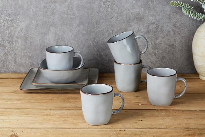 Famiware Ocean Square Plates and Bowls Sets for Kitchen 16-Piece Dinnerware Sets for 4 Mug Set for 4 Grey