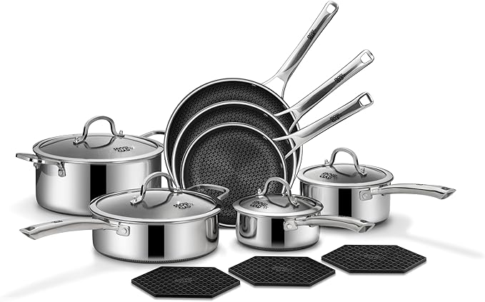 SNOWCLAD Pots and Pans Set Non Stick 14 Pcs Hybrid Stainless Steel Cookware Sets Non Stick Frying Pans Saucepans Saute Pan &amp Stock Pot PFOA Free Kitchen SkilletInduction Compatible