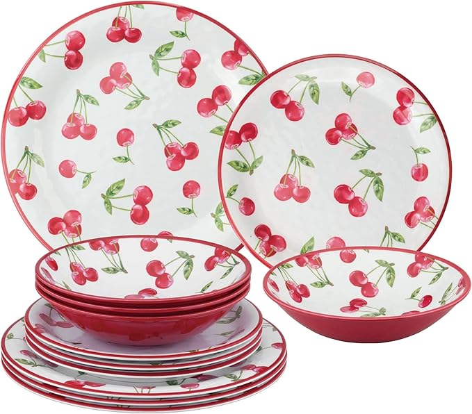 UPware 12 Piece Cherry Melamine Dinnerware Sets Outdoor Dishes Set Plates and Bowls Sets Service for 4 Red