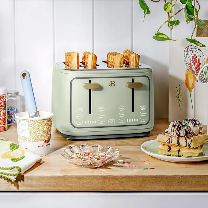 4 Slice Toaster with Touch Control Panel 1800W Fast Heating 7 Toast Shade Levels Extra Wide Slots for Bagels Removable Crumb Tray (Sage Green)