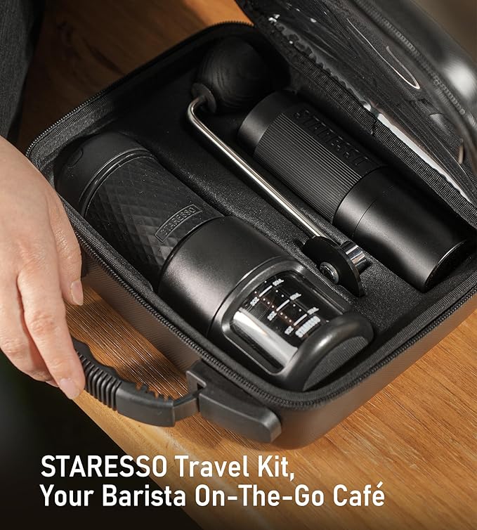 STARESSO 2026 Travel Kit Portable Espresso Maker &amp Grinder Set Dual Use for Ground Coffee &amp Pods No Power Needed Travel Case for Camping Hiking