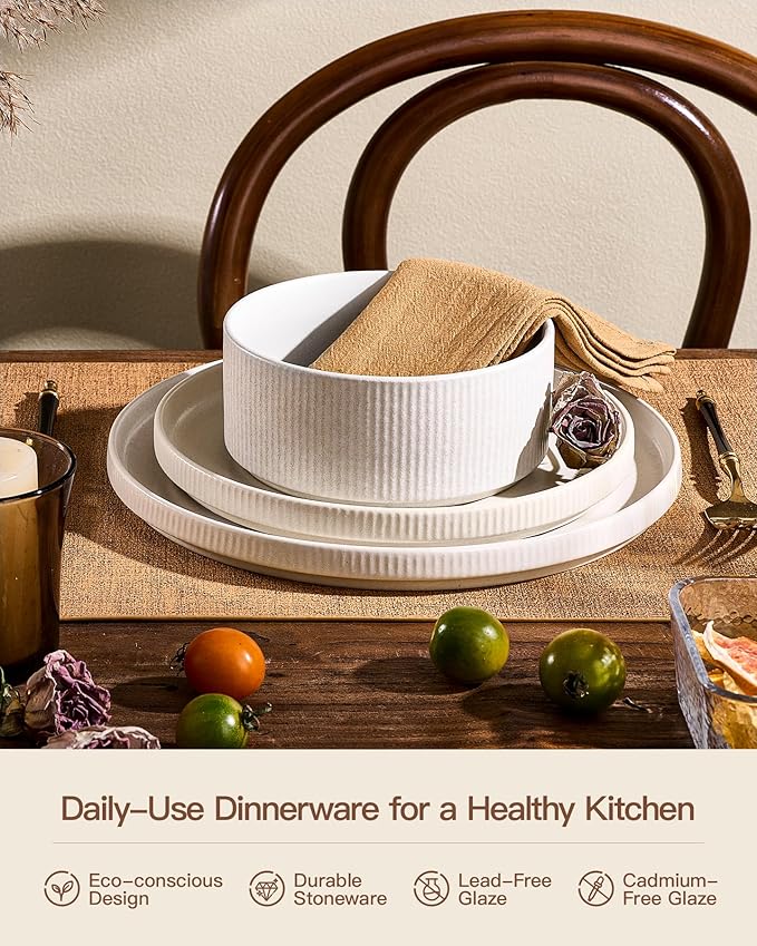 24-Piece Dinnerware Set for 8 Famiware Premium Stoneware Dish Set with Ribbed Plates and Deep Bowls Double Reactive Glaze Chip &amp Scratch Resistant Microwave &amp Dishwasher Safe Matte Reacti