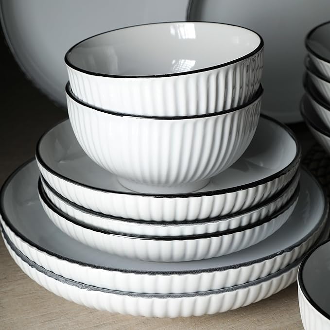 Christian Siriano Lustra Modern 16-Piece Stoneware Dinnerware Set Plates and Bowls Set Dinner and Salad Plates Ramen Bowls Dishes for 4 White