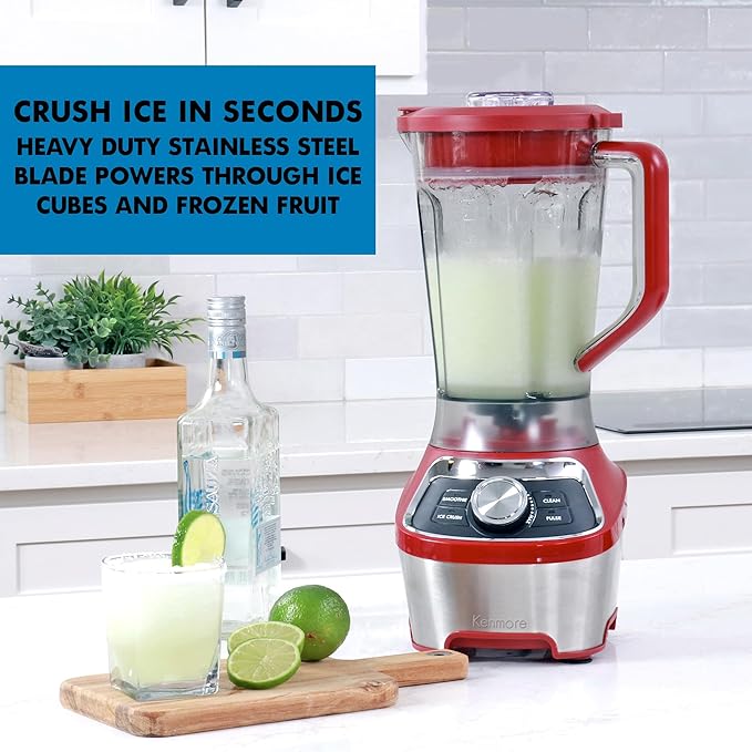 Kenmore Countertop Blender – Electric Mixer for Smoothies Ice Crush &amp Pulse Function Heavy Duty Tritan plastic Pitcher licuadora With 6 Speed Kitchen Appliance Dishwasher-Safe Jar Red