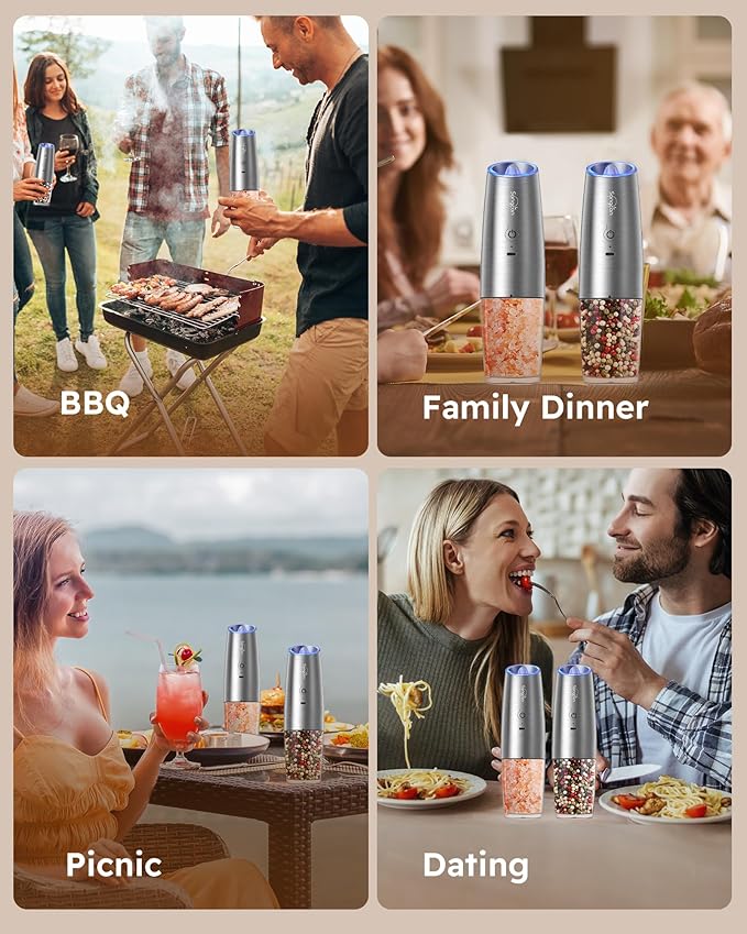 Bundled Sangcon Gravity Electric Salt and Pepper Grinder Set RECHARGEABLE Automatic Salt Pepper Shakers USB-C No Battery Needed