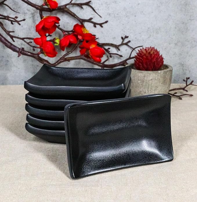 Ebros Gift Contemporary Ridged Matte Black Melamine Series Dinnerware Serveware Kitchenware Set Japanese Chinese Restaurant Supply (Pack Of 6 Rectangular Condiment Sauce Dish 2oz)