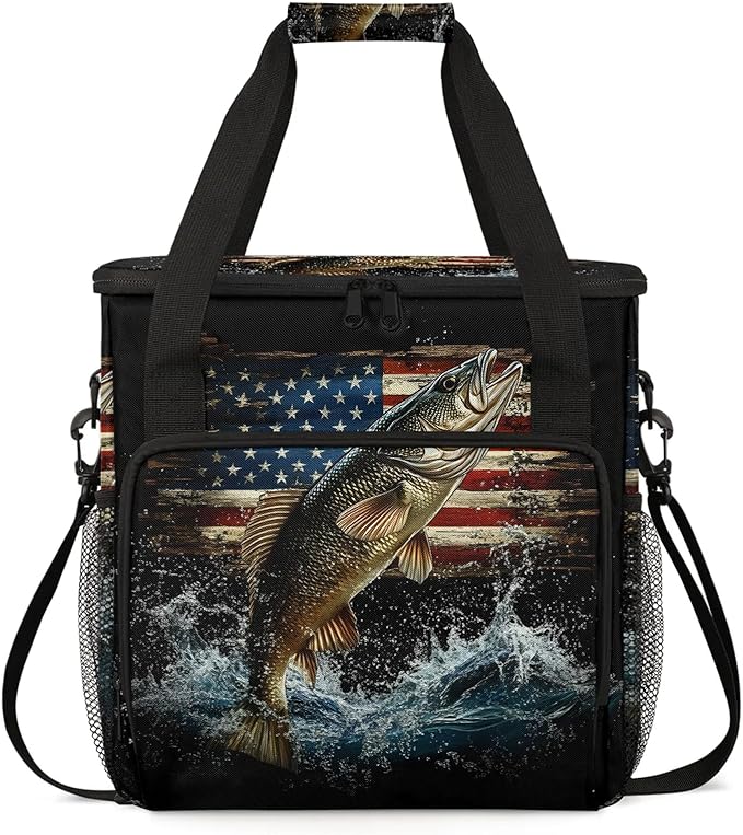 Vintage American Flag Coffee Maker Travel Bag Bass Fish Insulated Grocery Bag Travel Picnic Leakproof Cooler Bags With Shoulder Strap