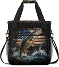 Vintage American Flag Coffee Maker Travel Bag Bass Fish Insulated Grocery Bag Travel Picnic Leakproof Cooler Bags With Shoulder Strap