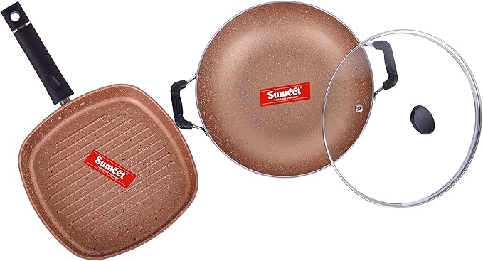 Sumeet Nonstick Granite Finish 2pc SPLENDOR Cookware set (Grill Pan 22cm Dia + Kadhai With Glass Lid - 2.5 Ltr Capacity - 24.5cm Dia)
