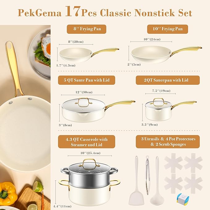 PekGema Ceramic Cookware Set 15-Pieces Pots and Pans Set Non Stick Oven Safe Non Toxic Kitchen Cookware Set PFOA PTFE FREE Gold White