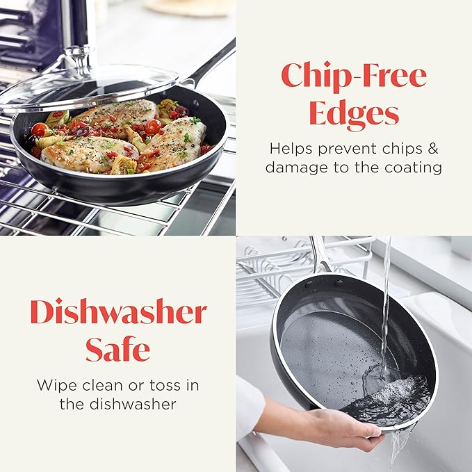 Orfeo 3QT Nonstick Saute Pan with Lid Made in Italy Diamond Ceramic PFAS-Free Cookware Induction Ready Scratch Resistant Laser-Fused Surface for Durability Dishwasher Safe Black