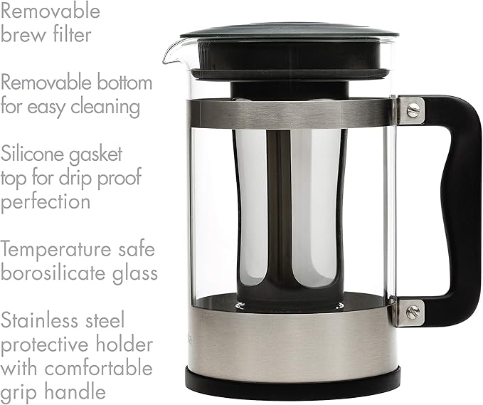 Primula Kedzie Deluxe Cold Brew Iced Coffee Maker Comfort Grip Handle Durable Glass Carafe Removable Mesh Filter 6 Cup Brushed Stainless Steel