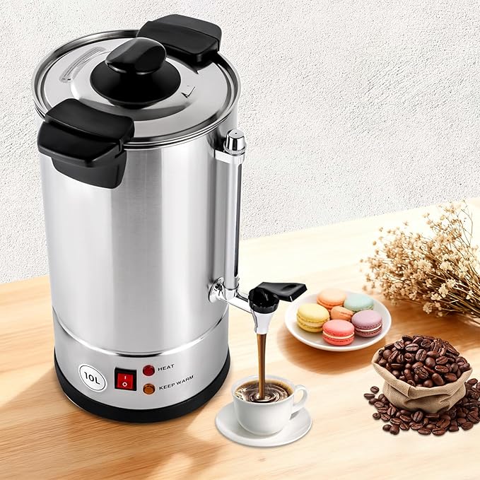 10L Commercial Coffee Urn Stainless Steel Coffee Maker 1000W with Adjustable Thermostat (86-230°F) Hot Water Dispenser for Catering Office Party Wedding (10 Liters)