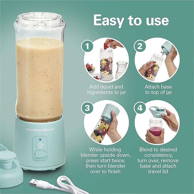 Hamilton Beach Mini Cordless Portable Personal Blender for Shakes and Smoothies USB Rechargeable 16 oz. Jar with Leakproof Travel Lid 6 Stainless Steel Blades Blue (51182)