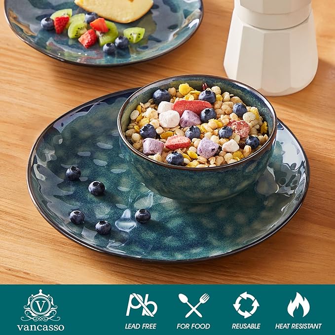 vancasso Starry Dinnerware Set for 4 Handmade Reactive Glaze Stoneware 12 Pieces Plates and Bowls Sets Dishwasher and Microwave Safe Dish Set Green