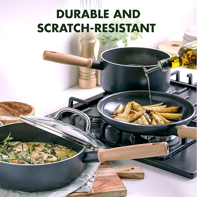 GreenPan Hudson Healthy Ceramic Nonstick 8 Piece Cookware Pots and Pans Set Vintage Wood Inspired Handle PFAS-Free Dishwasher Safe Black
