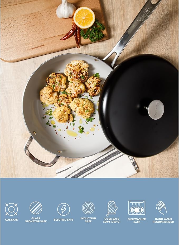 Sur La Table Kitchen Essentials Potluck Porch 4.5 Quart Sauté Pan Deep Frying Pan Skillet w/Lid Aluminum PFA Free Ceramic Cookware Chef's Pan Omelet Pan - Induction - Black