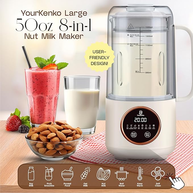New 8-in-1 Nut Milk Maker 50 oz– Almond Soy Oat Coconut Milk Dairy-Free Milk Plant-Based Milk Smoothie with 12 blades- Features Delay Start Self-Cleaning &amp Milk Frother- Recipe Book &amp M