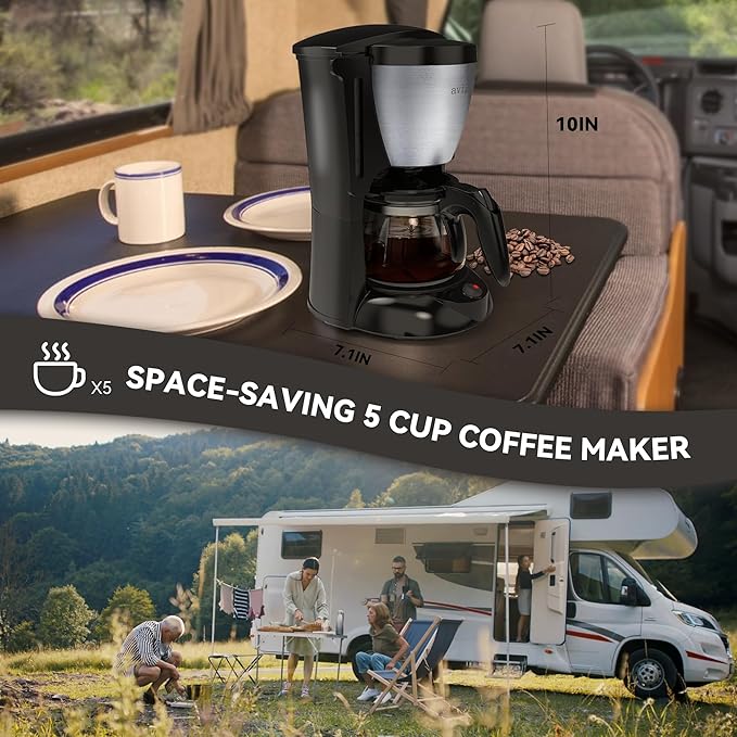Portable Coffee Maker For Camping Compact Drip Coffee Maker Brewer Includes 22 oz Glass Carafe Reusable Powder Filter Black12V Socket