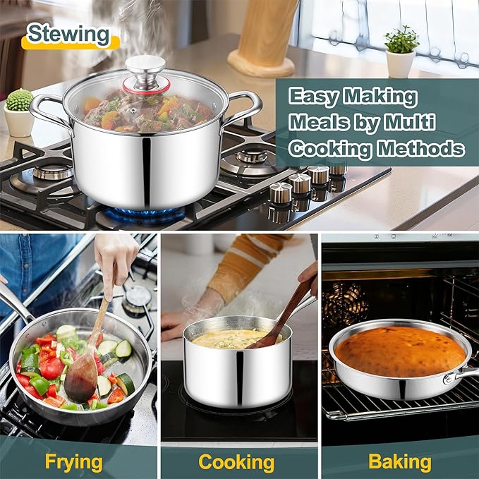 P&ampP CHEF 3-Ply Stainless Steel Cookware Set of 6 10-Pieces Pots and Pans Sets Stainless Steel for Kitchen Induction Multi Cooktops &amp Oven Dishwasher Safe Frying Pans Saucepans Saute Pan