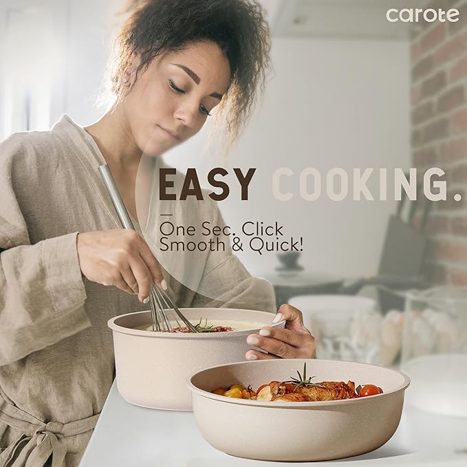 CAROTE 19pcs Pots and Pans Set Non Stick Nonstick Cookware Set Detachable Handle Induction Kitchen Cooking Sets with Removable Handle RV Kitchen Oven Safe Taupe
