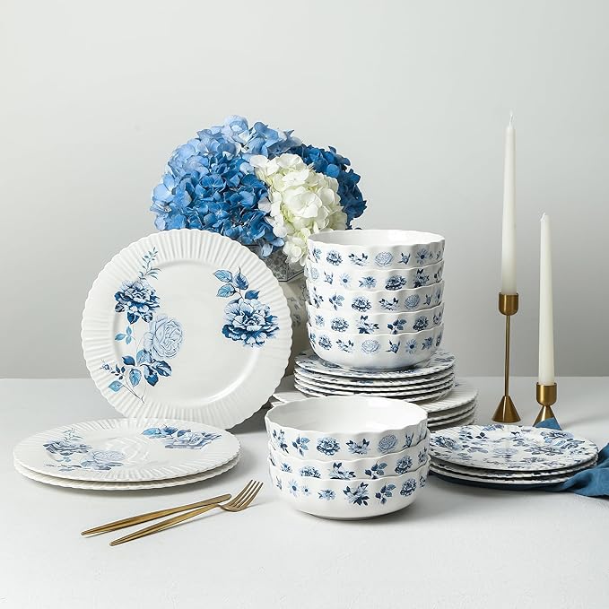 Stone Lain Fiore 24-Piece Dinnerware Set New Bone China Blue