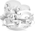 VEWEET 'Zoey' 30-Piece Dinner Set Ivory White Black Decals Porcelain Combination Sets with Cup &amp Saucer Set Stoneware Plate Sets Service for 6 Dishwasher &amp Microwave Safe