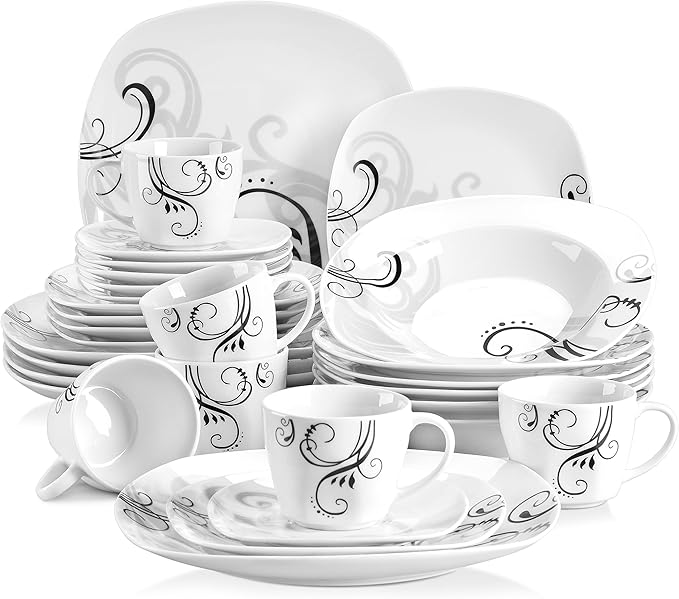 VEWEET 'Zoey' 30-Piece Dinner Set Ivory White Black Decals Porcelain Combination Sets with Cup &amp Saucer Set Stoneware Plate Sets Service for 6 Dishwasher &amp Microwave Safe
